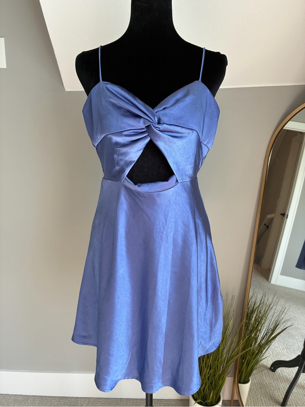 Satin Twist-Front Mini Dress in Periwinkle Blue